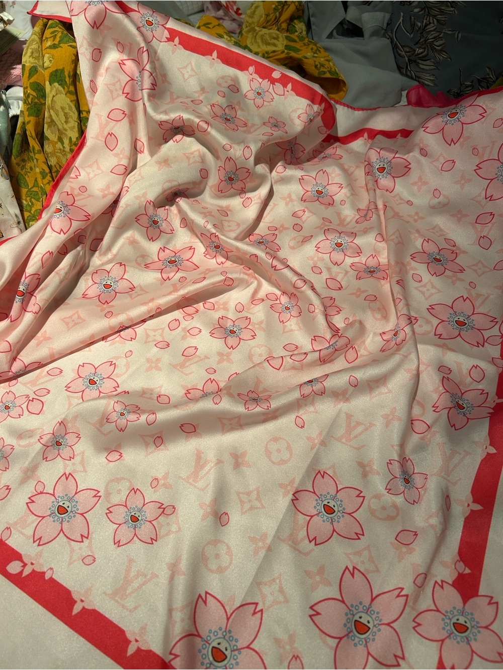 Louis Vuitton Pink Floral Logo Silk Scarf - Picture 3 of 4